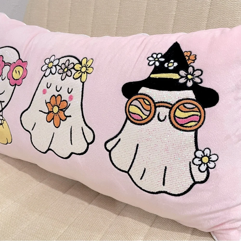 Pink Retro Ghost Floral Halloween Lumbar Pillow Glitter Embroidered Plush‎ Decor